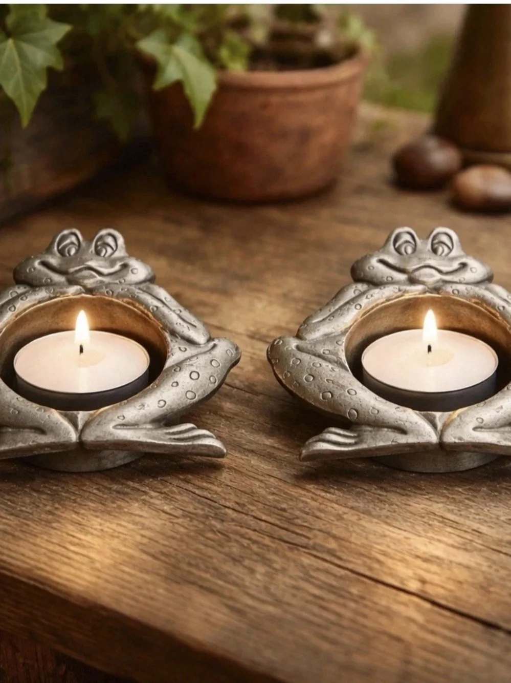 Vintage Pewter Frog Tealight Candle Holders Set of 2 Rustic Decor